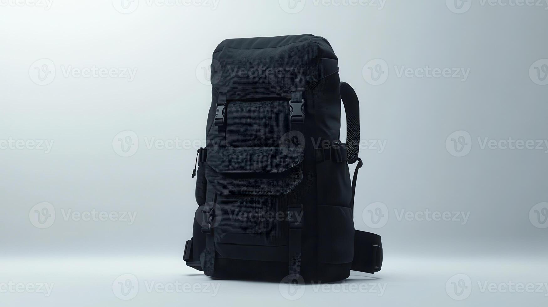 A sleek black backpack with multiple pockets displayed against a minimalist gray background photo