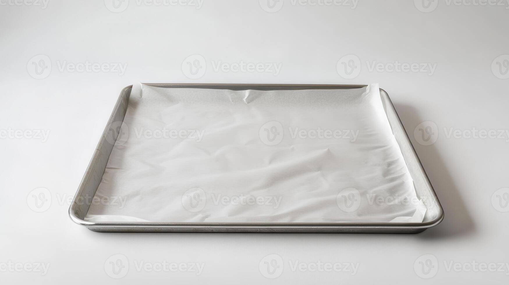 A clean baking tray lined with parchment paper on a smooth surface, ready for preparation in a kitchen setting photo