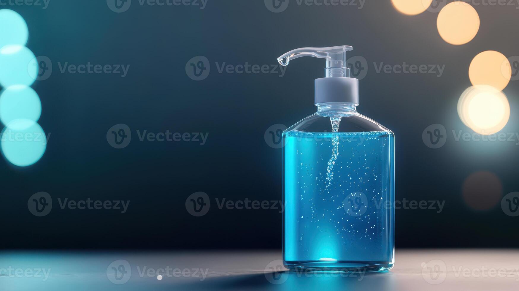 Transparent bottle with blue liquid and bubbles against a dark background with soft lights photo