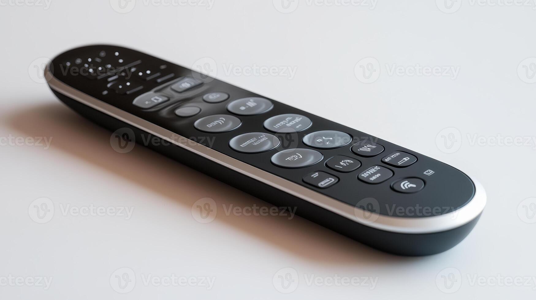 A sleek modern remote control resting on a light surface, showcasing multiple buttons for various functions photo