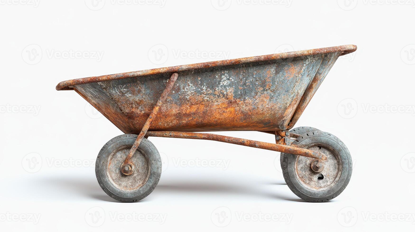 An old, rusty wheelbarrow resting on a flat surface in a well-lit indoor space photo