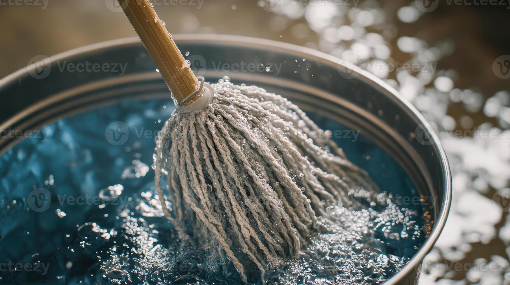 A mop soaking in blue water inside a metal bucket on a reflective surface photo