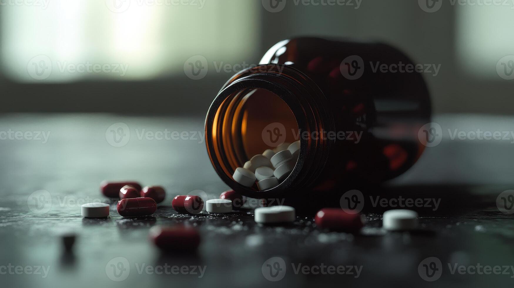Spilled prescription medication on a table in a dimly lit room photo