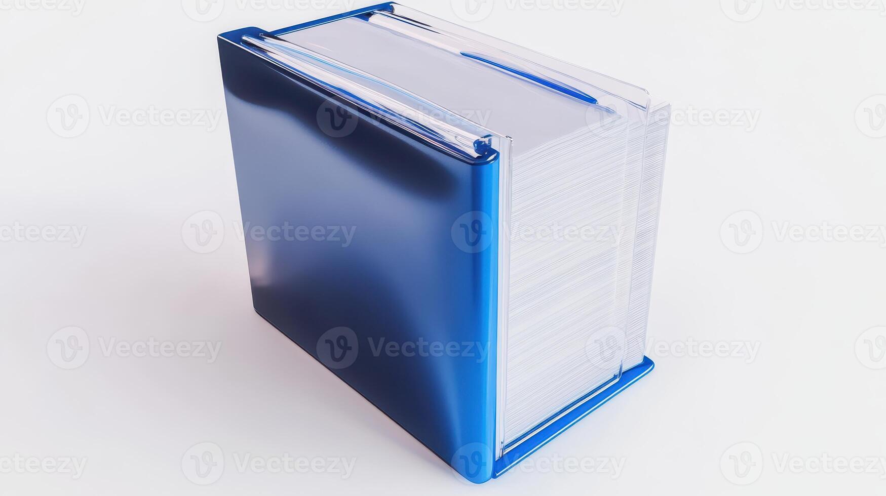 Blue binder filled with documents standing upright on a white background photo