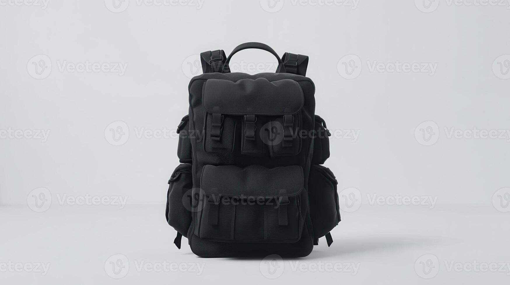 Stylish black backpack designed with multiple compartments and padded straps, displayed against a minimalist backdrop photo