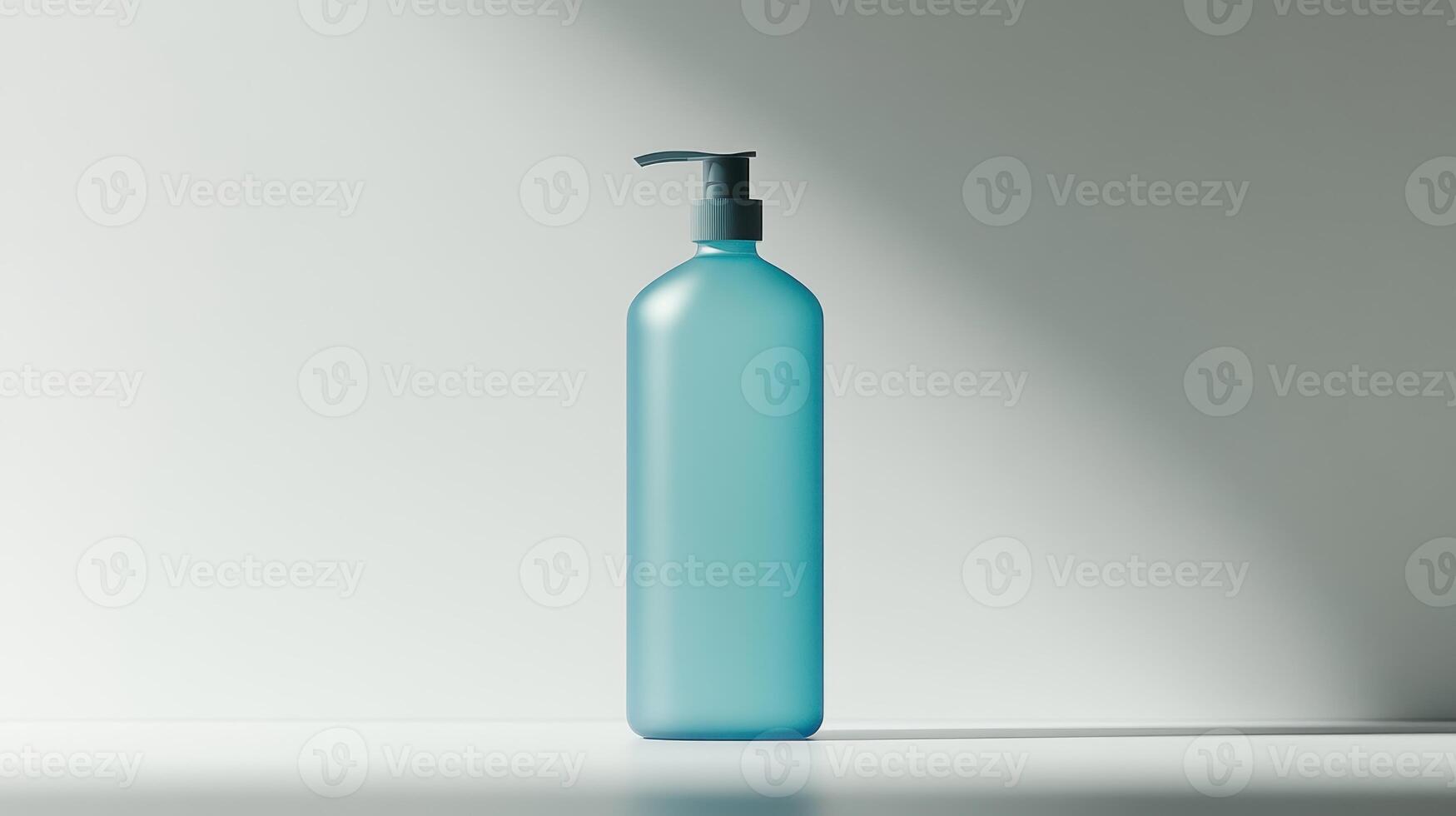 Clear blue plastic bottle with pump against a minimalist background illuminated by soft light photo