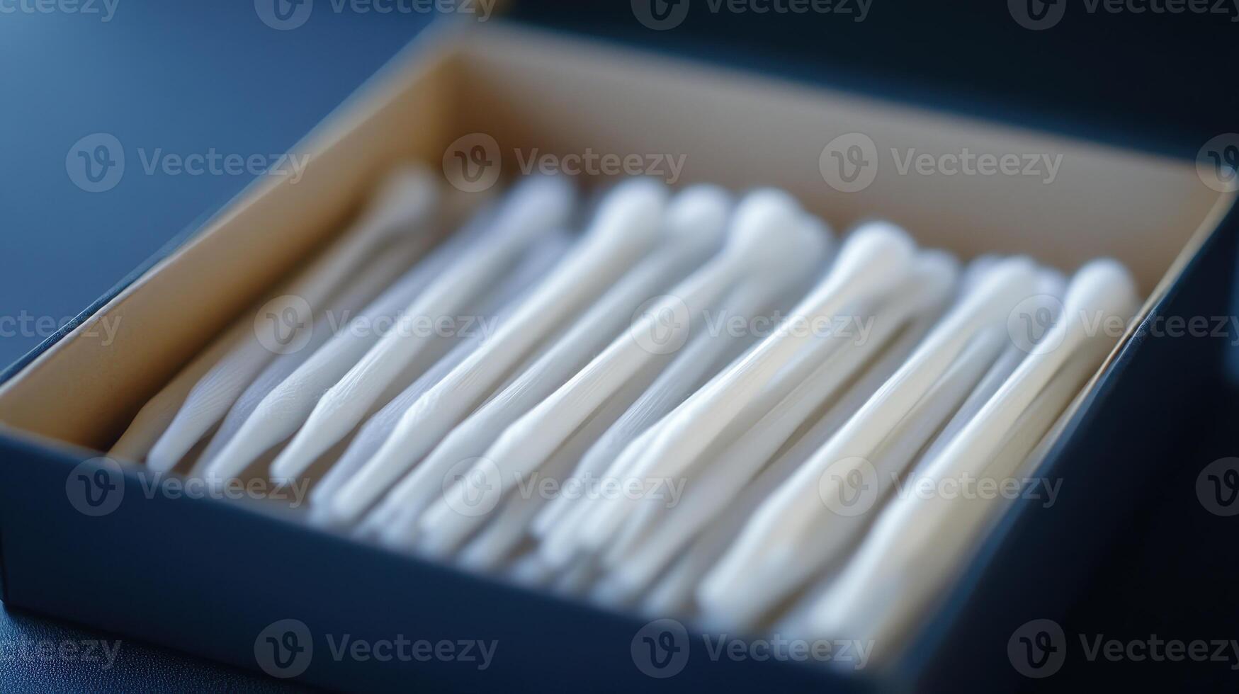 A neatly arranged box of cotton swabs placed on a simple table photo