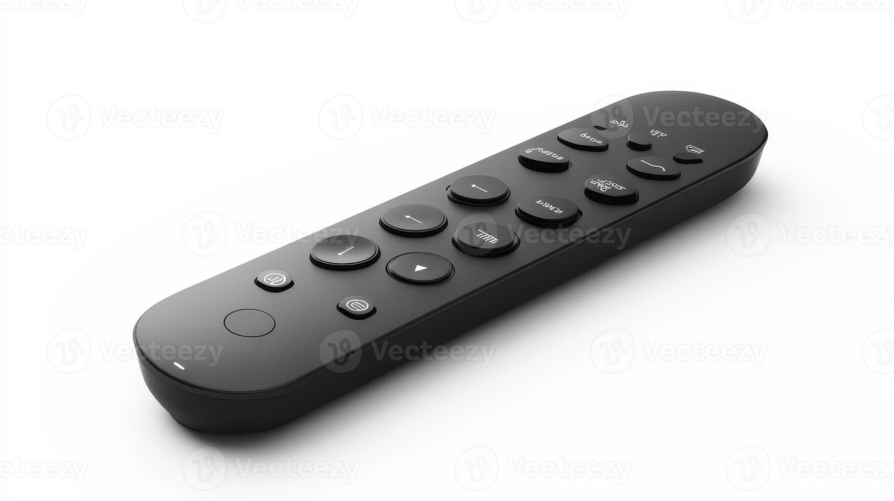 Black remote control with various buttons for multimedia devices on a white background photo