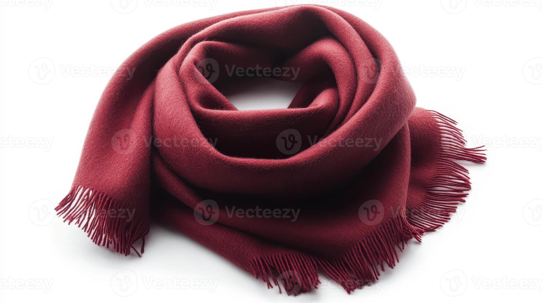 Elegant burgundy scarf displayed on a white background, showcasing its soft texture and intricate fringe design photo