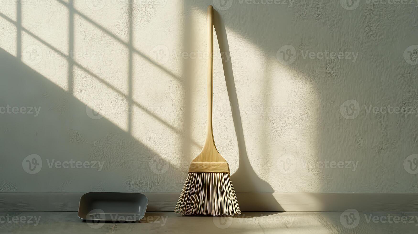 Broom and dustpan casting shadows in a sunlit room during the afternoon photo