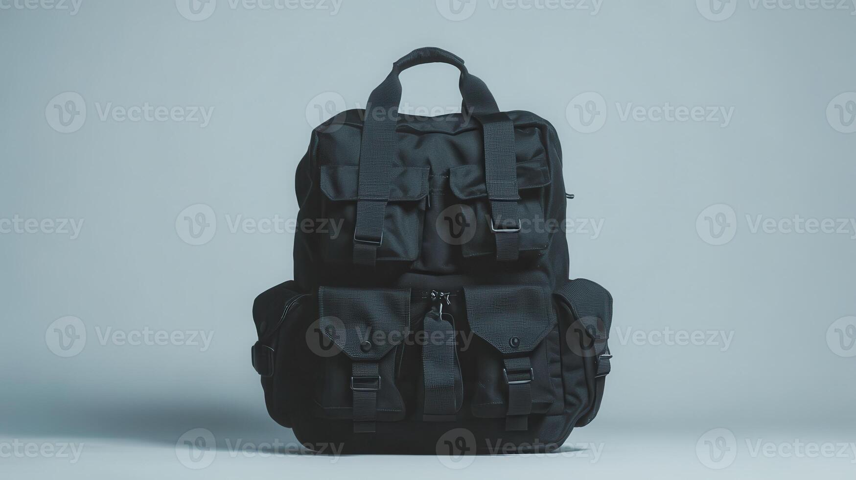 Black tactical backpack with multiple compartments on a light background photo