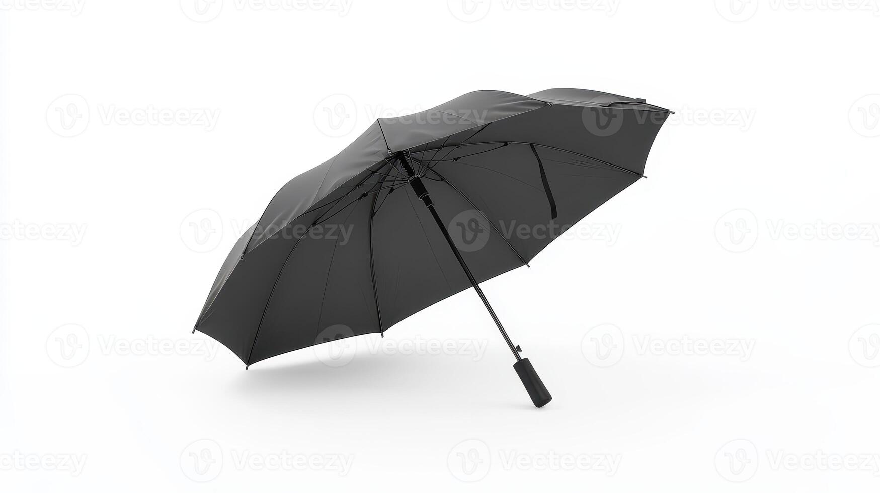 A black umbrella stands upright on a white background, showcasing its sleek design and functionality during rainy weather photo