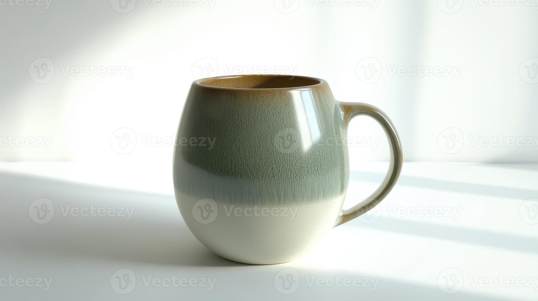 A ceramic mug with a glossy finish, displaying a gradient color from green to white, captured in bright natural light against a simple background photo