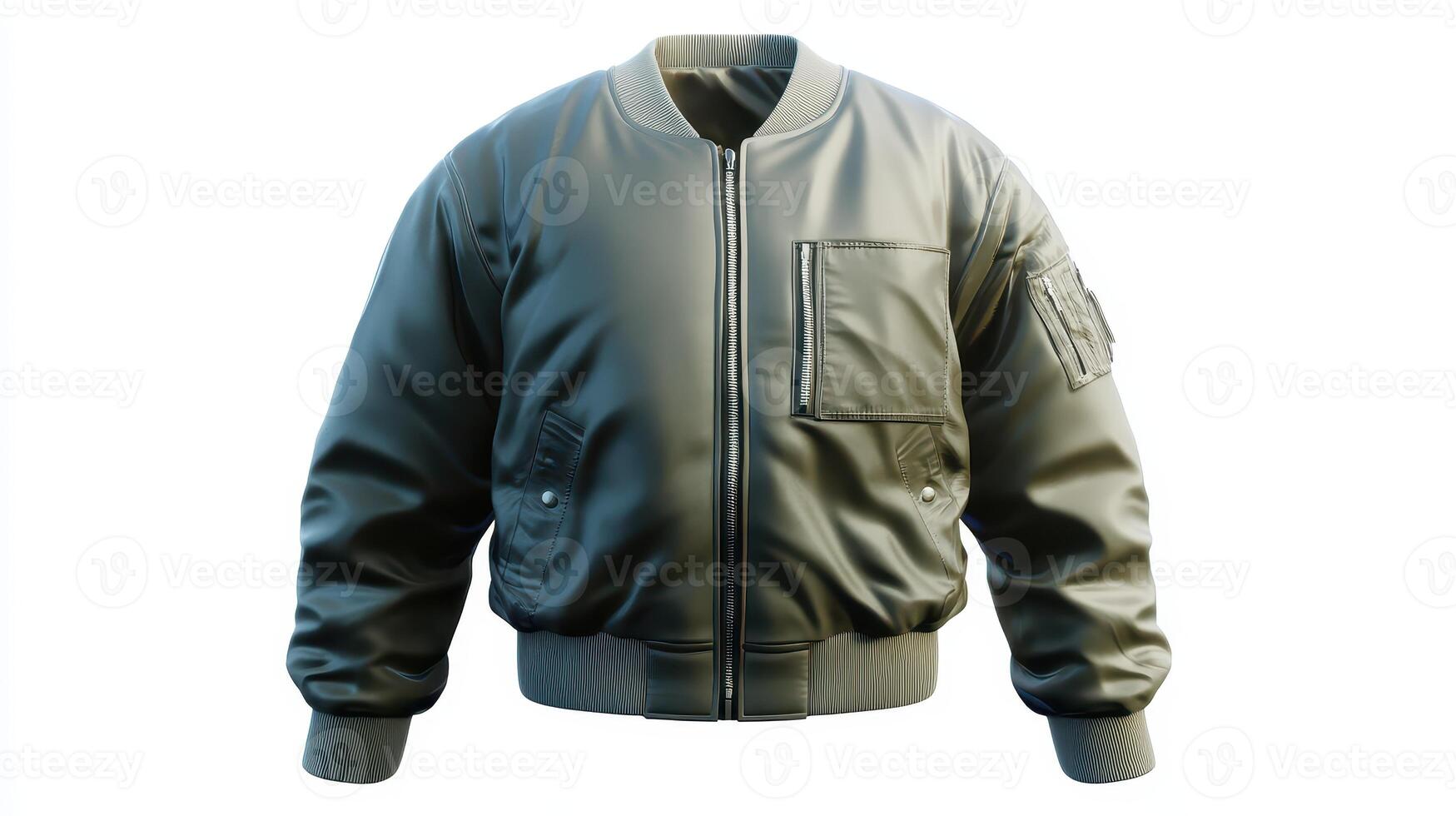 Classic bomber jacket in olive green with pocket detail showcased on a plain background photo