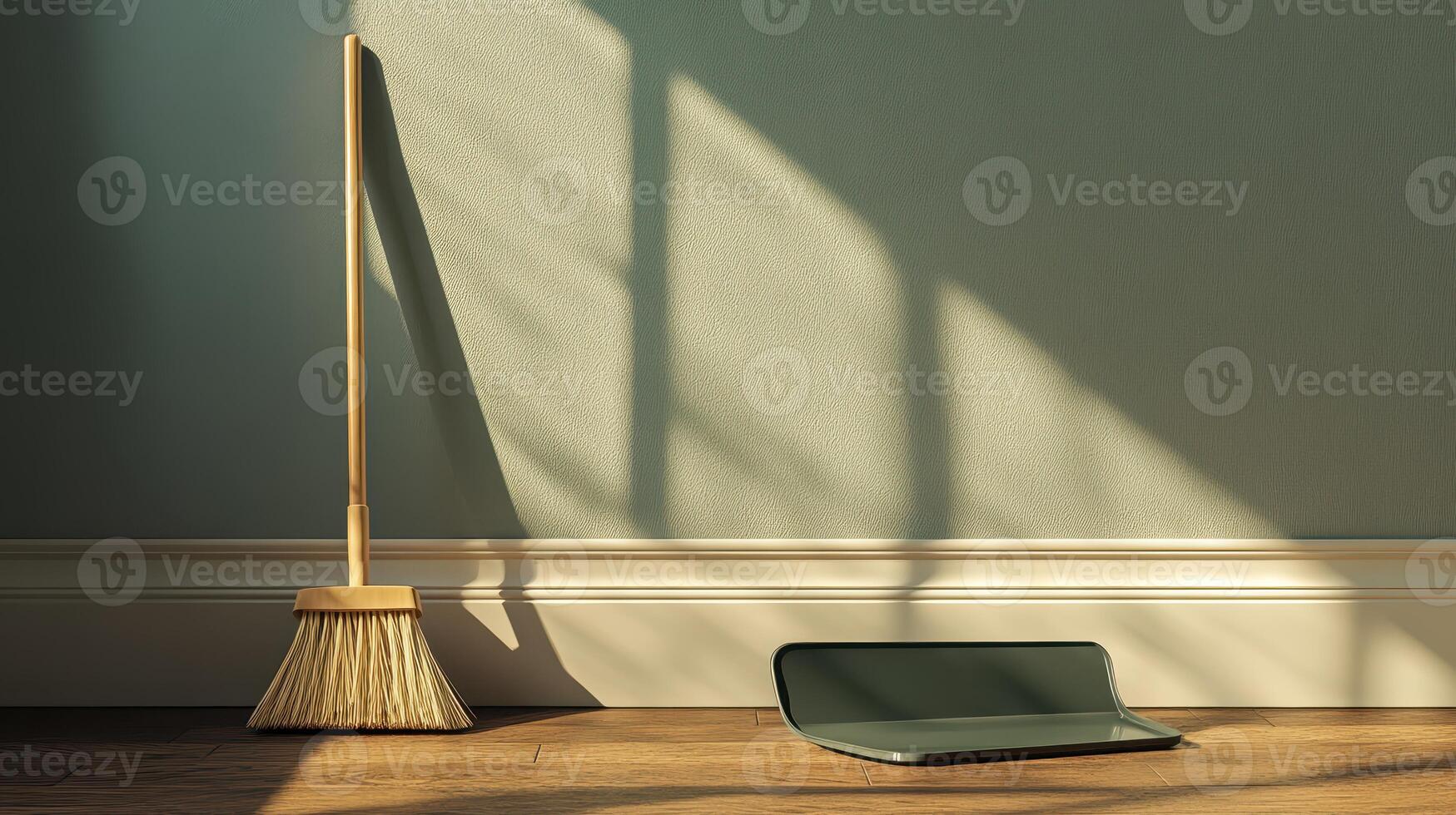 A broom and dustpan leaning against a wall with early morning light casting shadows in a clean room photo