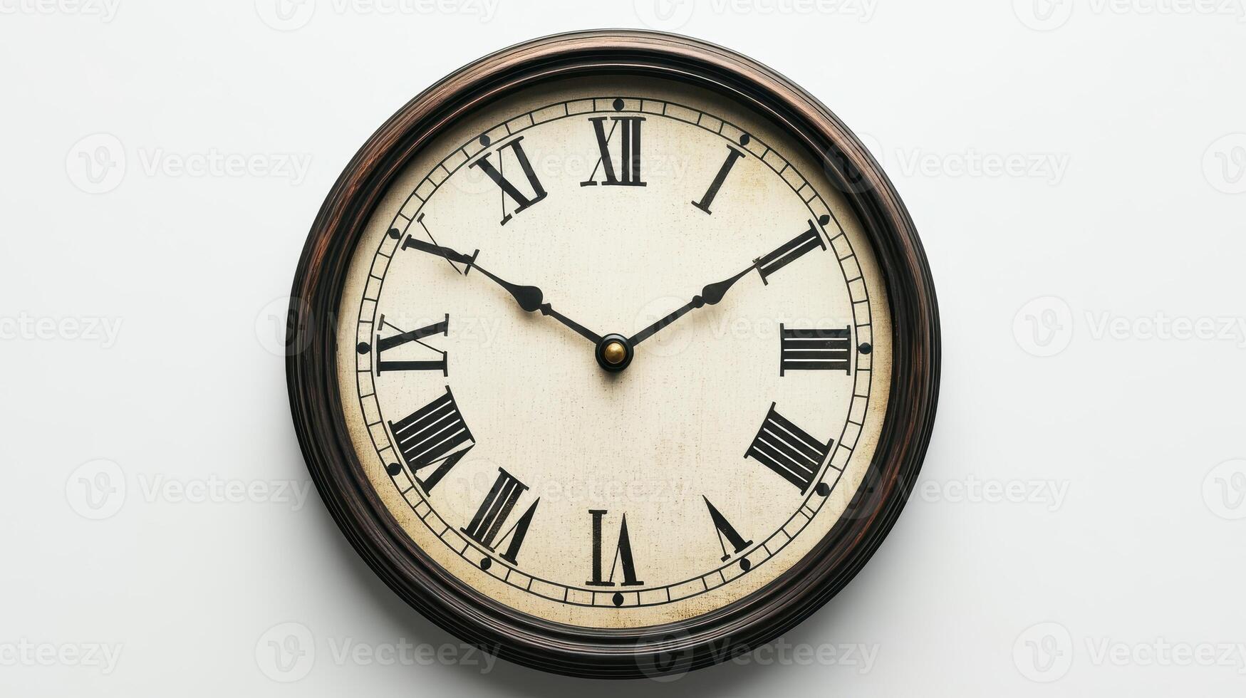 Clock with Roman numerals displaying time on a white wall photo