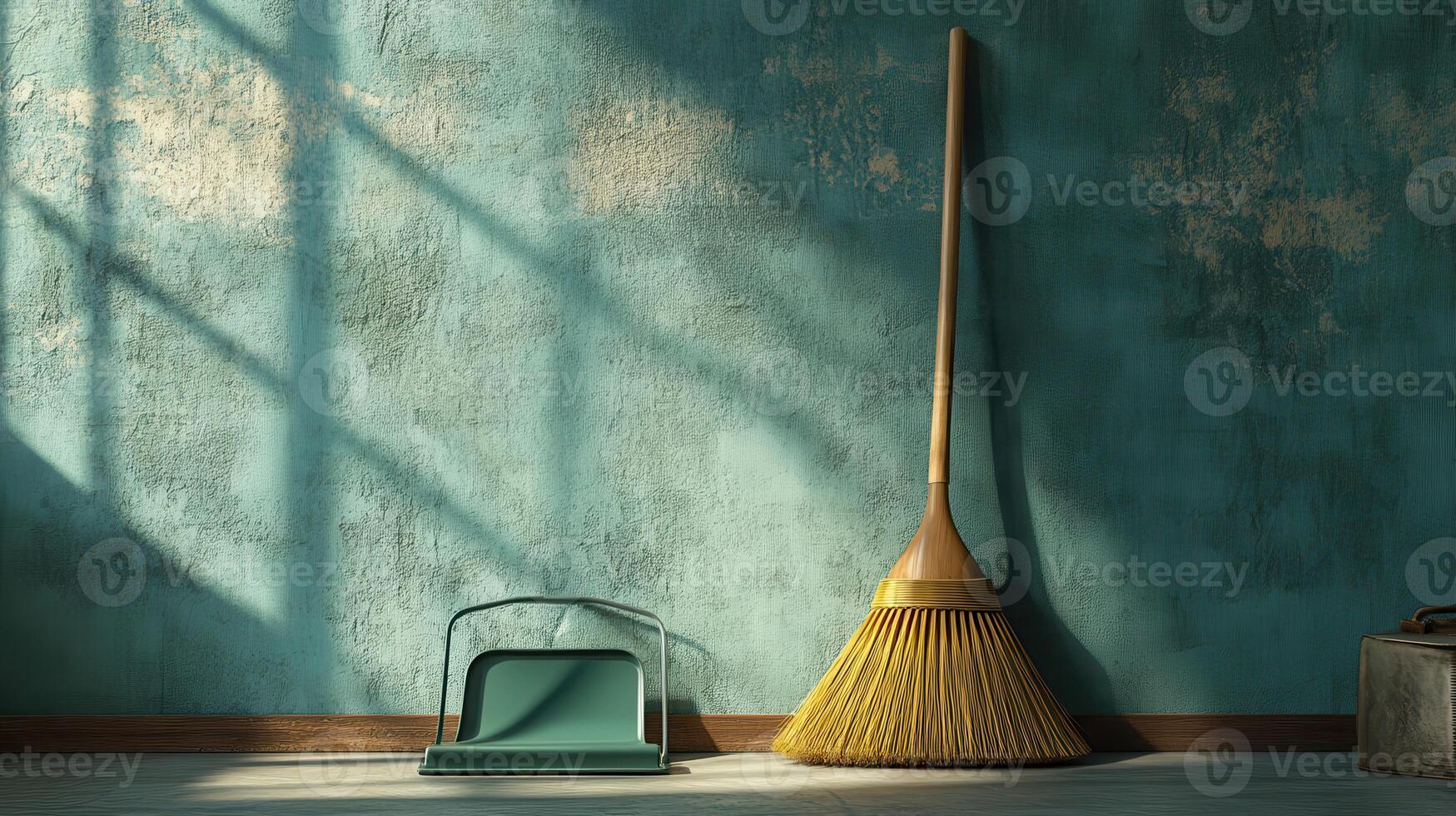 Broom and dustpan resting against a teal wall in a sunlit room with soft shadows photo