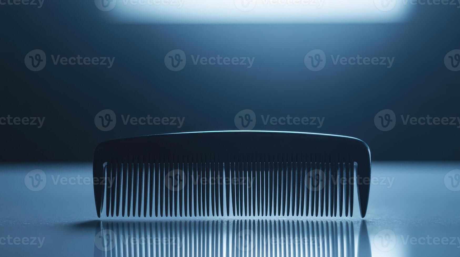 A close-up view of a black comb on a reflective surface with soft blue lighting in a minimalistic setting photo