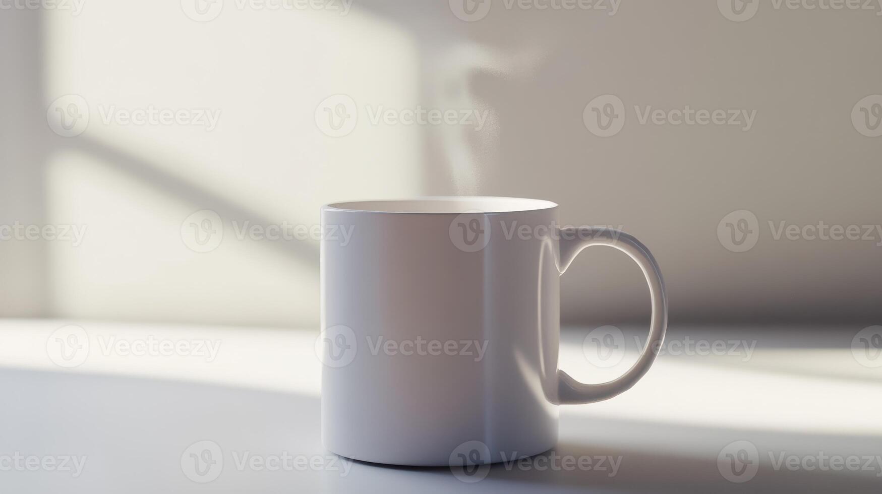 A steaming white coffee mug on a table in a sunlit room during the morning photo