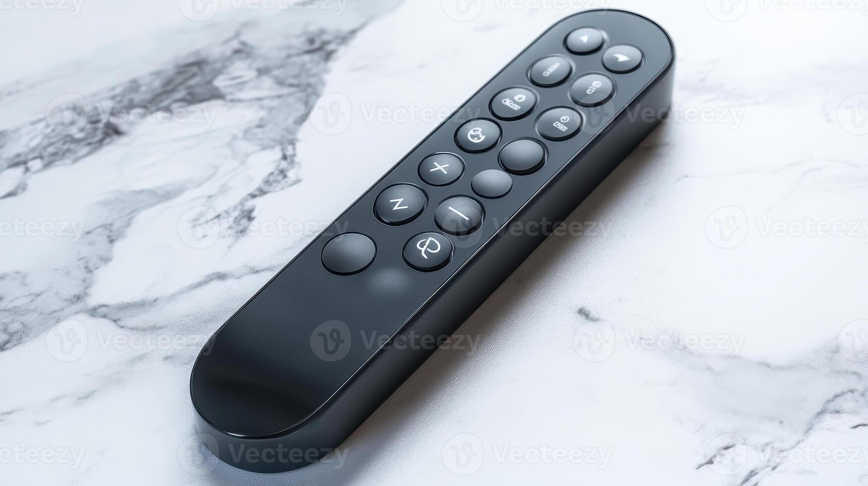 Black remote control on a marble countertop with clear buttons for various functions photo