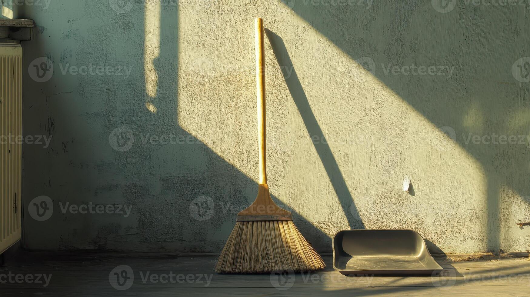 A broom and dustpan positioned against a wall with sunlight casting shadows in a tidy corner photo