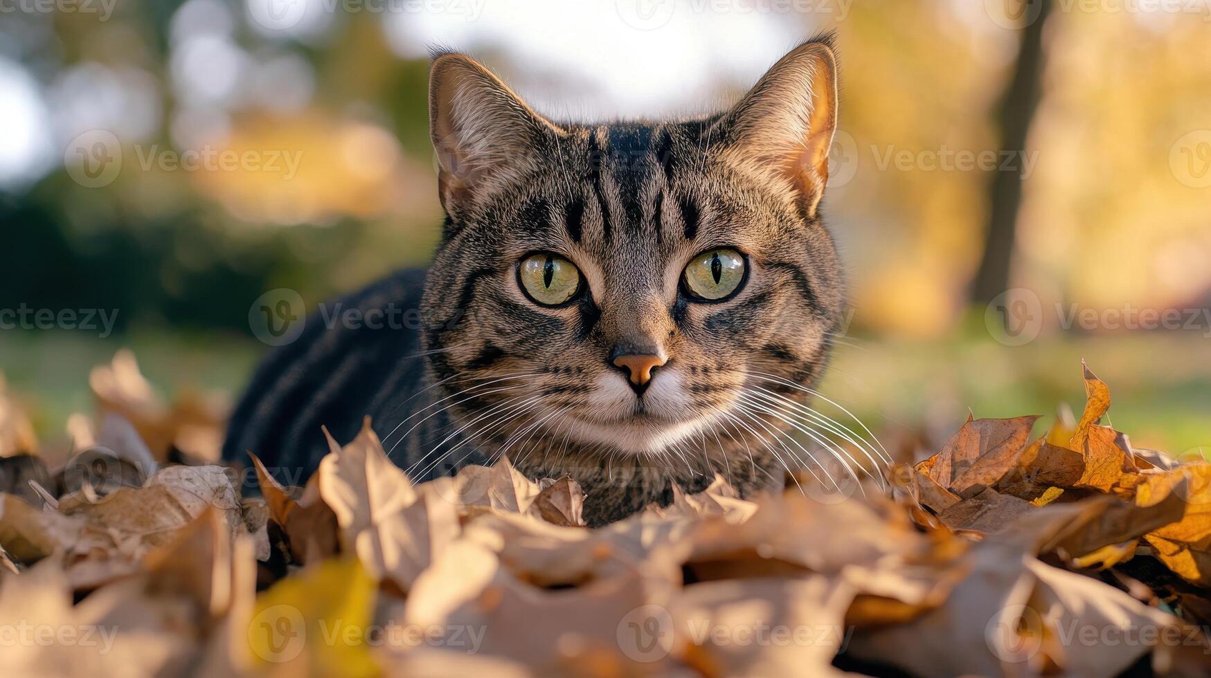 A tabby cat lying in colorful autumn leaves in a sunlit park during early afternoon photo