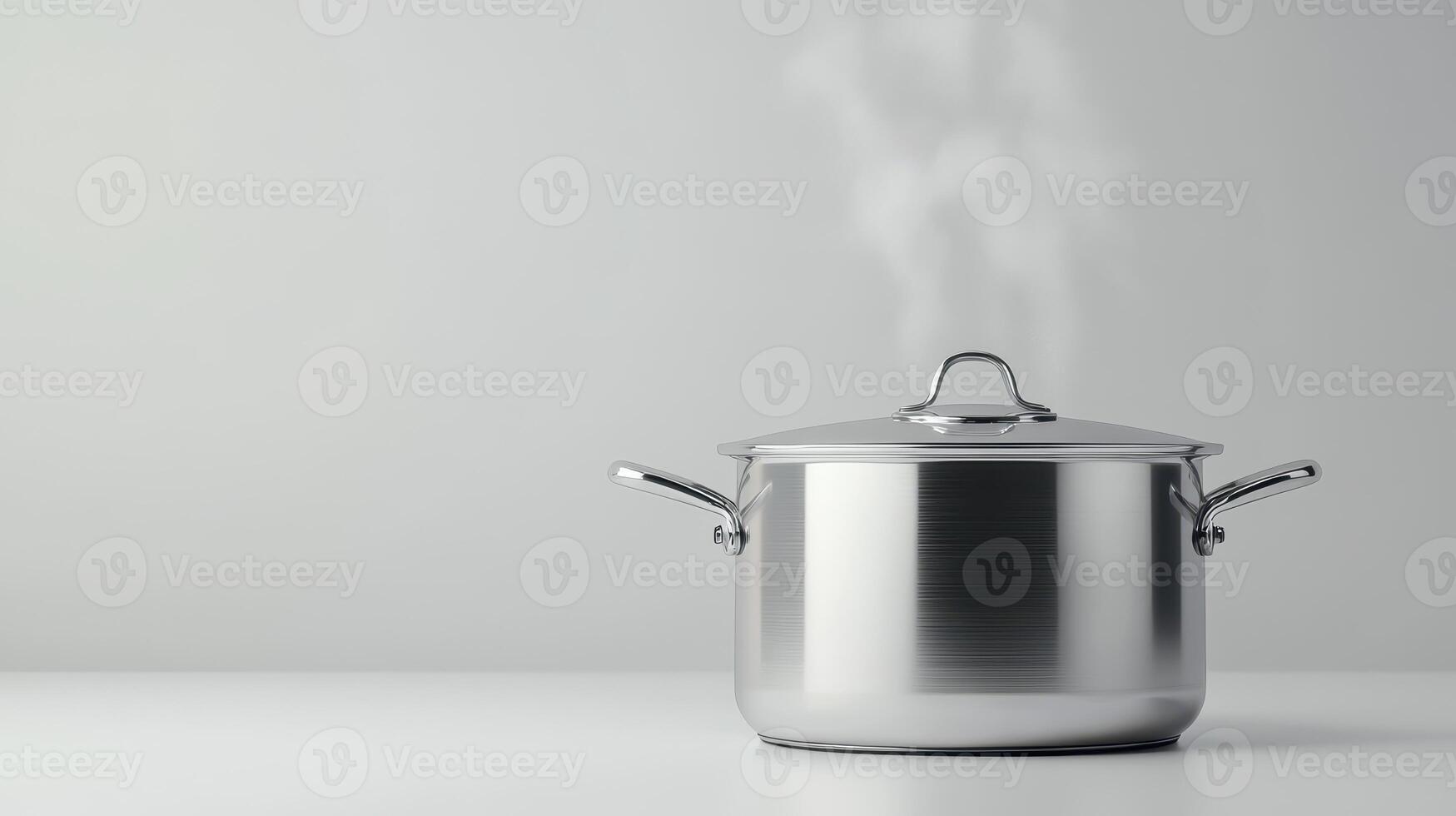 Silver pot on a white countertop with steam rising from it during cooking in a modern kitchen photo
