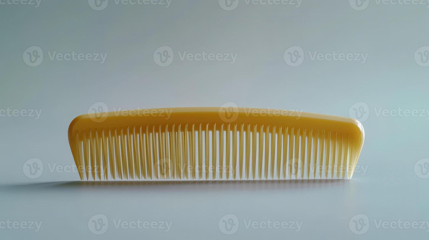 A simple yellow comb resting on a smooth surface against a light background, showcasing its fine teeth and classic design photo