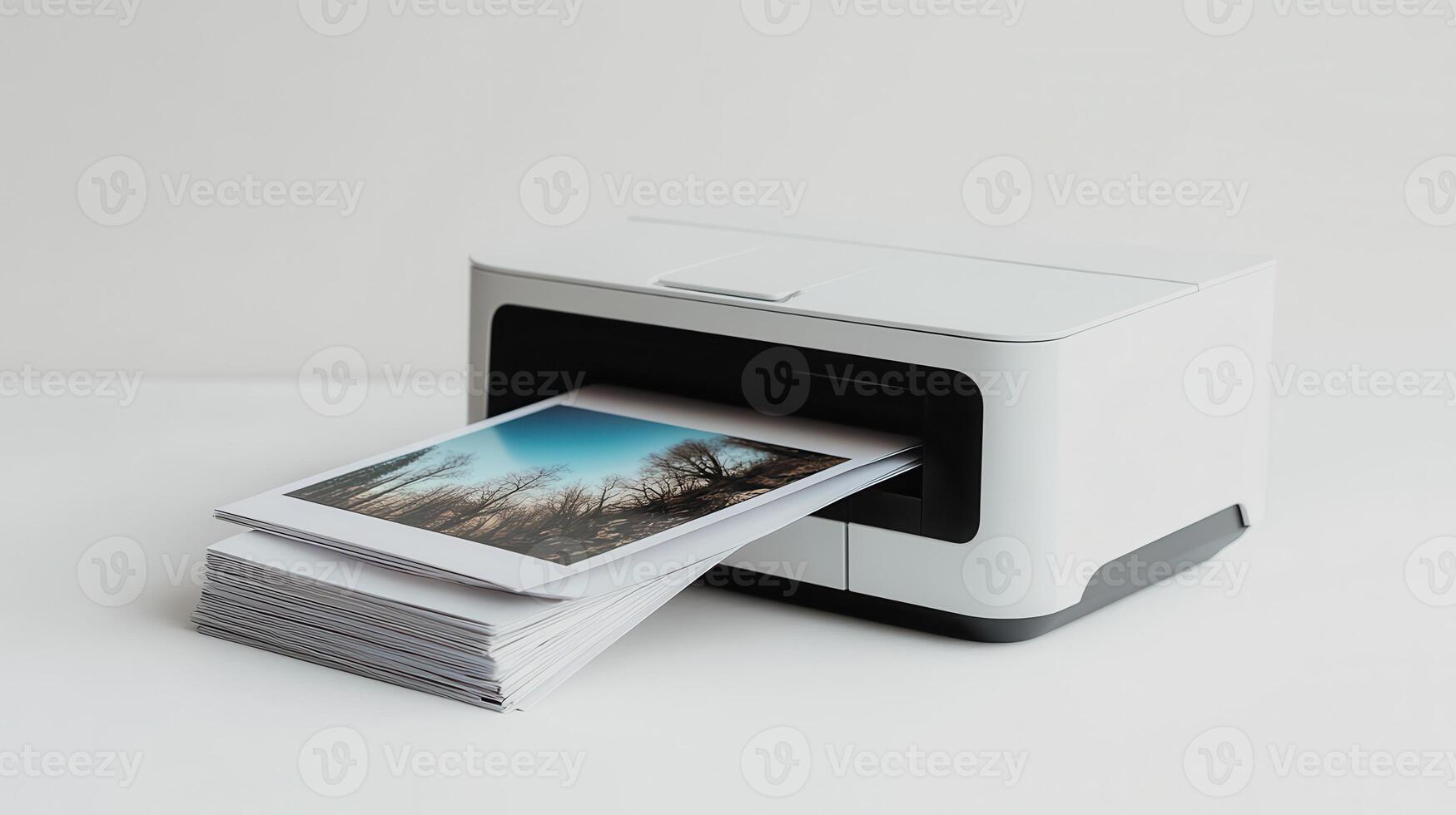 A compact printer producing high-quality landscape prints in a modern workspace photo