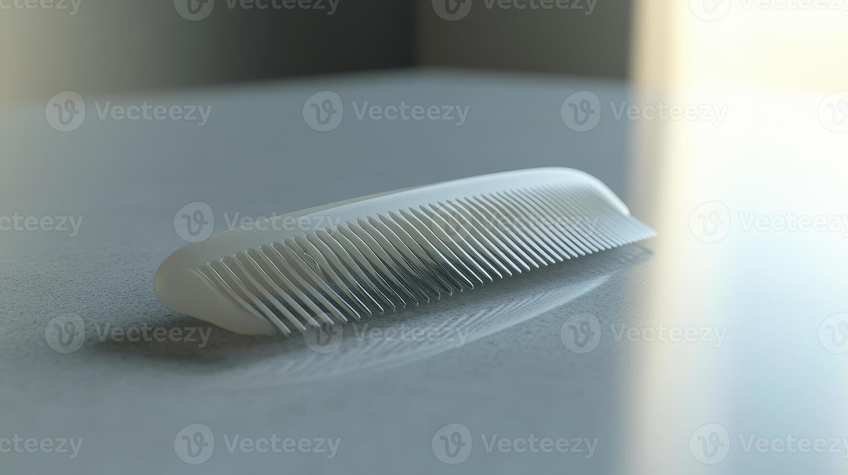 A close-up of a simple white comb resting on a glossy countertop in soft light during the morning photo