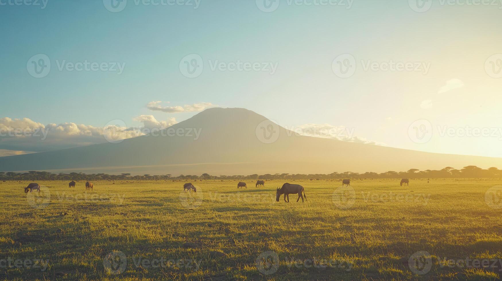 Elephants grazing in a grassy plain with a majestic mountain backdrop at sunset photo