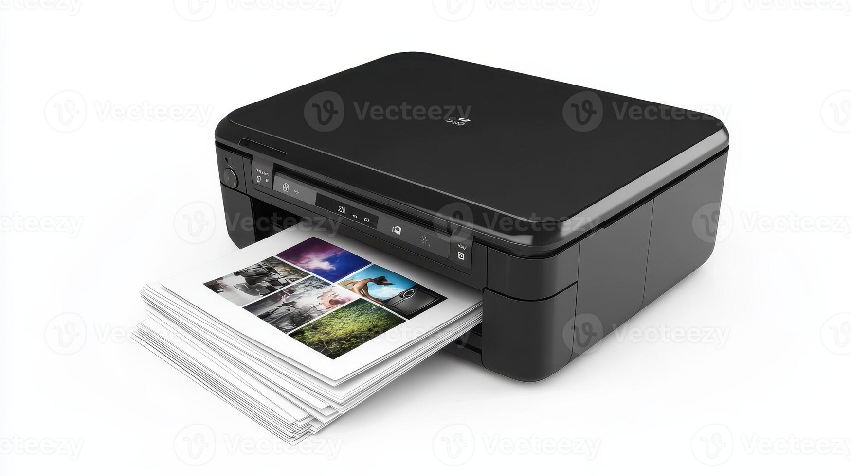 A black printer in action, producing vibrant images printed on glossy paper photo