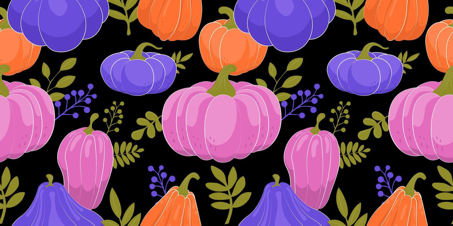Seamless pattern for Halloween, Thanksgiving, Autumn. Pumpkins of different shapes, vegetation branches and leaves. Bright purple and orange, pink trendy colors. For fabrics, packages, backgrounds. vector