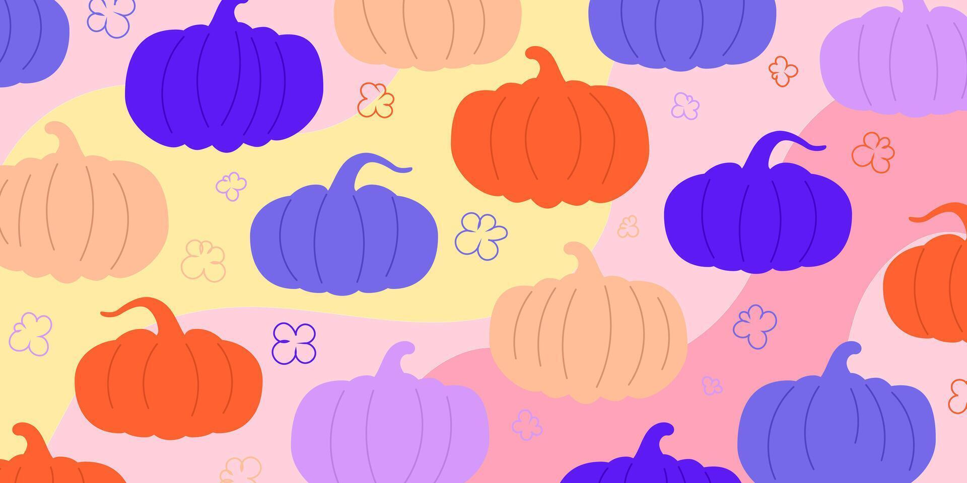 Banner colorful poster for Halloween. Prints and backgrounds in Y2k style. Floral pattern, wavy background and abstract pumpkin. Modern fashion templates. . Bright purple and orange colors. vector