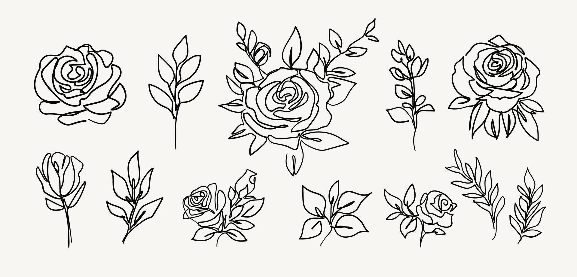 Set of Abstract roses flowers and leaves in one line art drawing style. vector