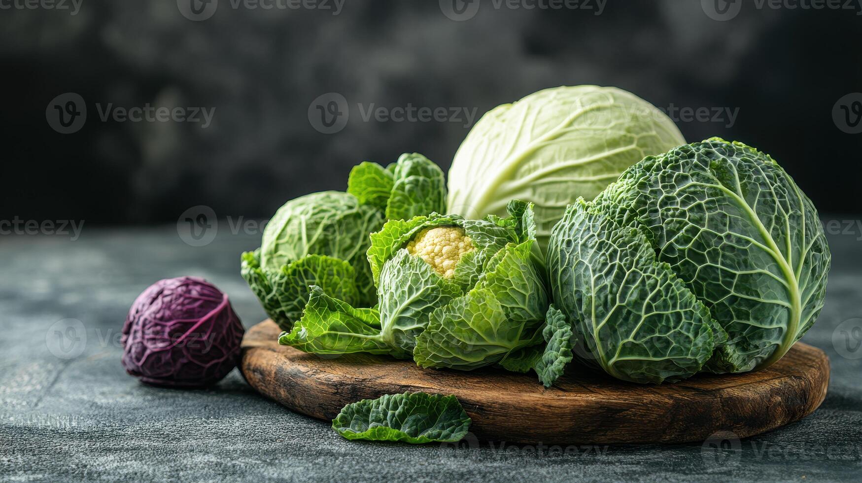 Fresh Green Cabbage and Cauliflower Varieties on Wooden Cutting Board in Kitchen During Daytime photo