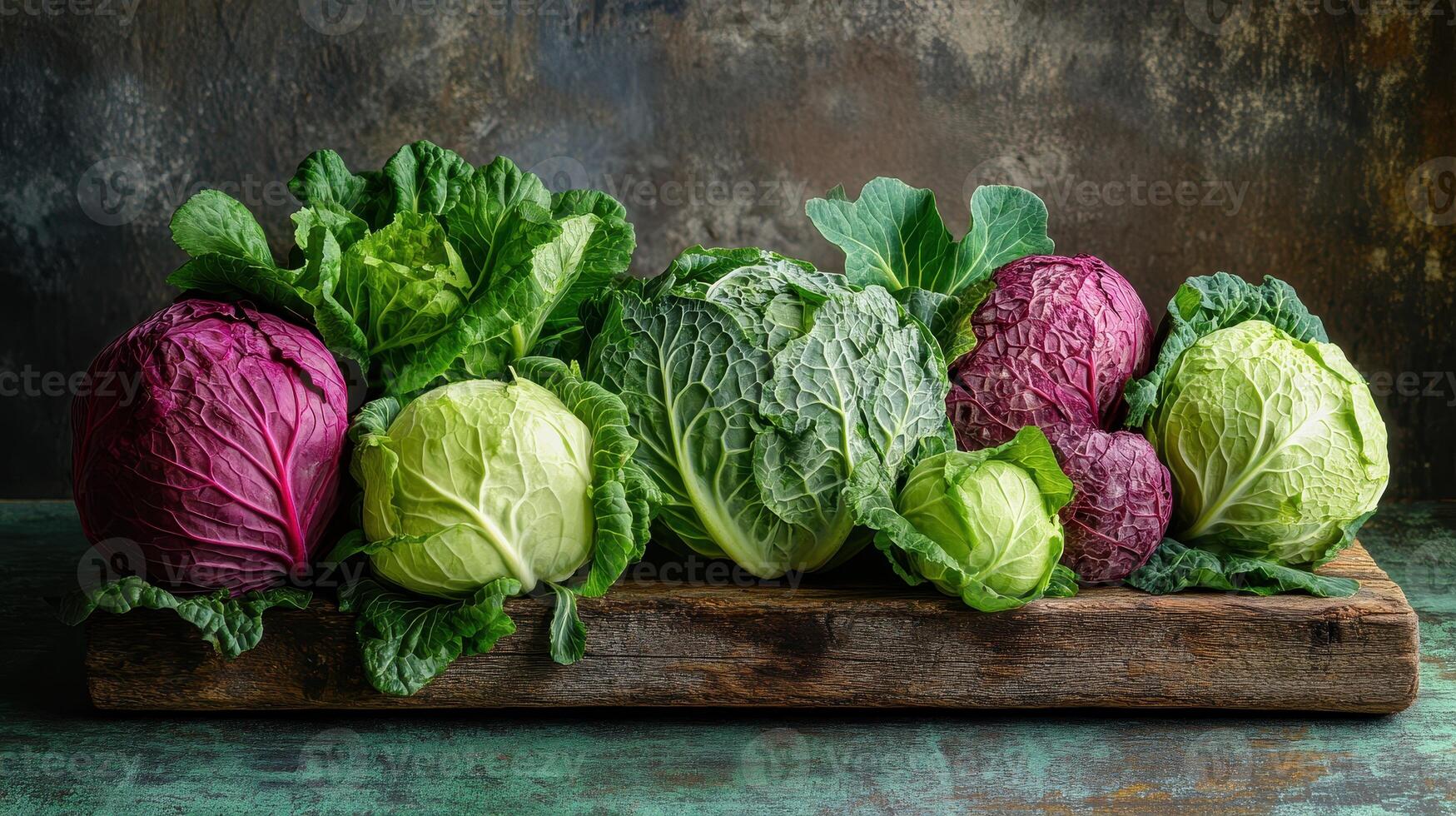Freshly Harvested Variety of Cabbage and Lettuce Displayed on Rustic Wooden Tray in Natural Light photo