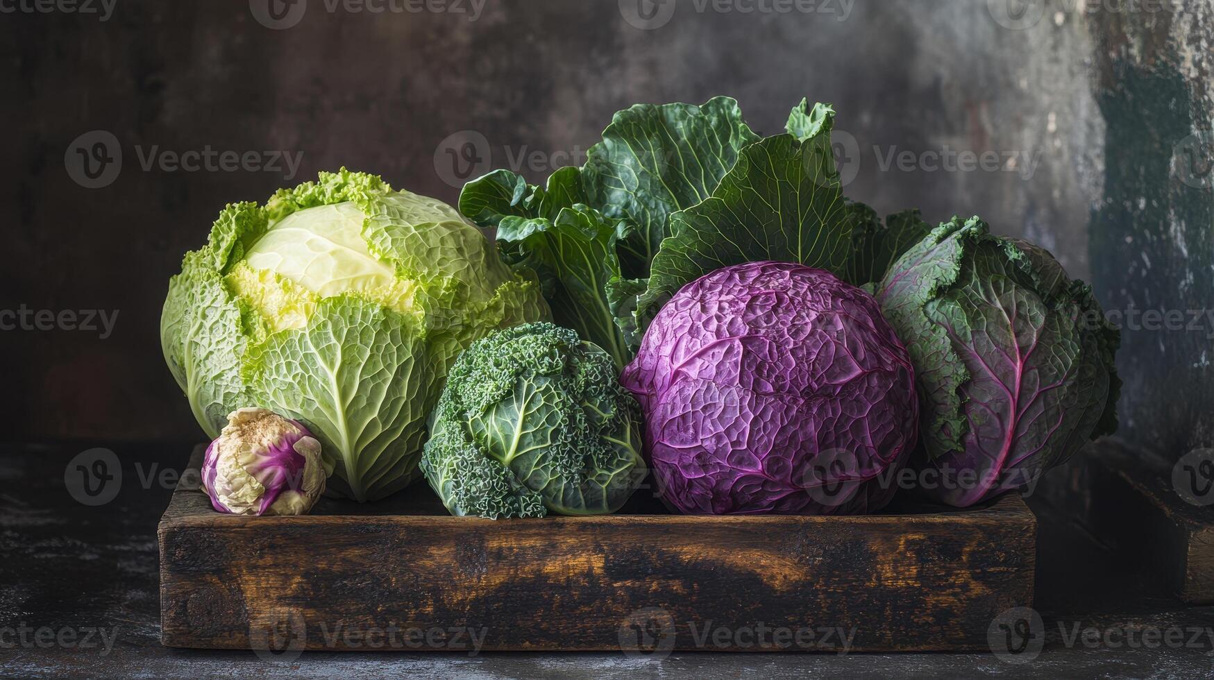 A Bountiful Collection of Different Types of Fresh Cabbage Varieties Displayed on Wooden Surface in Natural Light photo