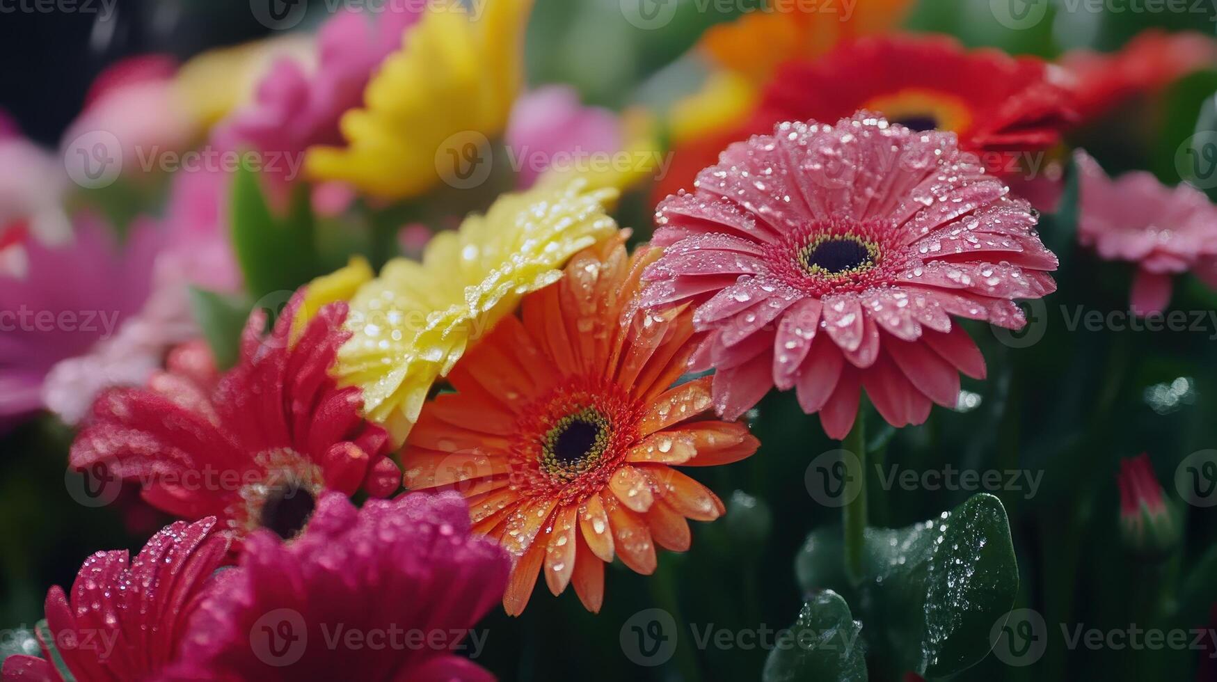 Colorful Gerbera Daisies Covered in Dewdrops Blooming in a Vibrant Garden During Early Morning Sunshine photo