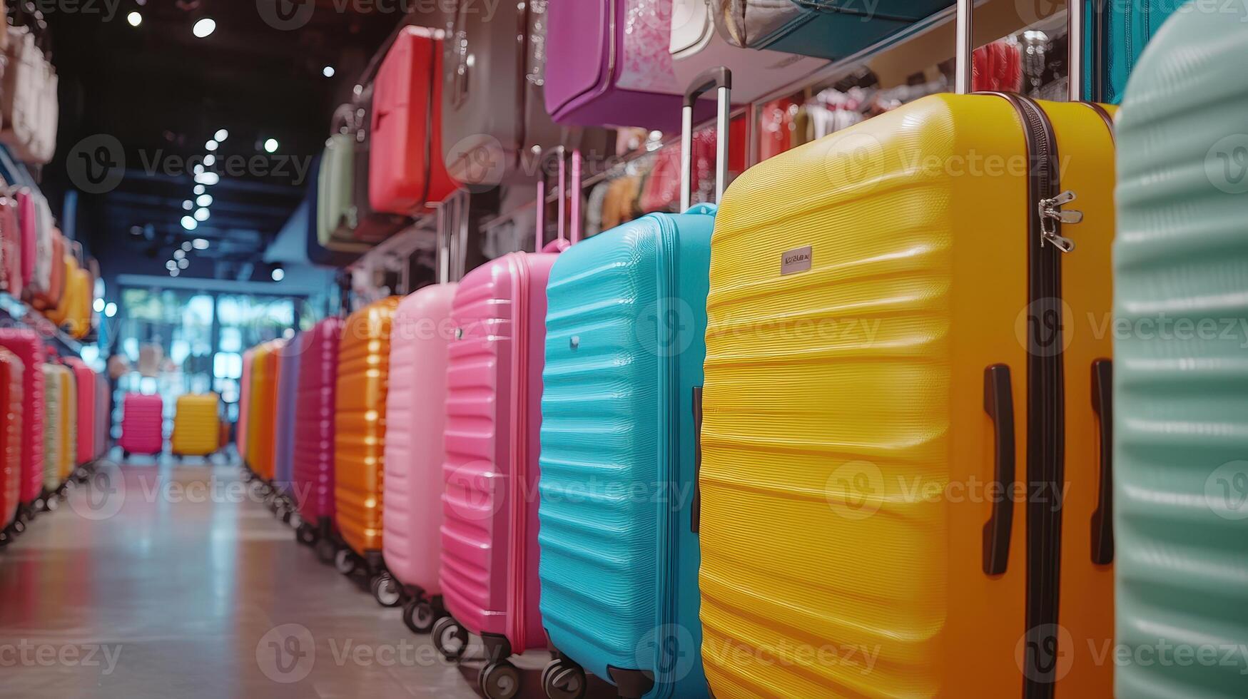 Colorful Luggage Display in Retail Store Showing Variety and Style for Travelers in Bright Lighting photo