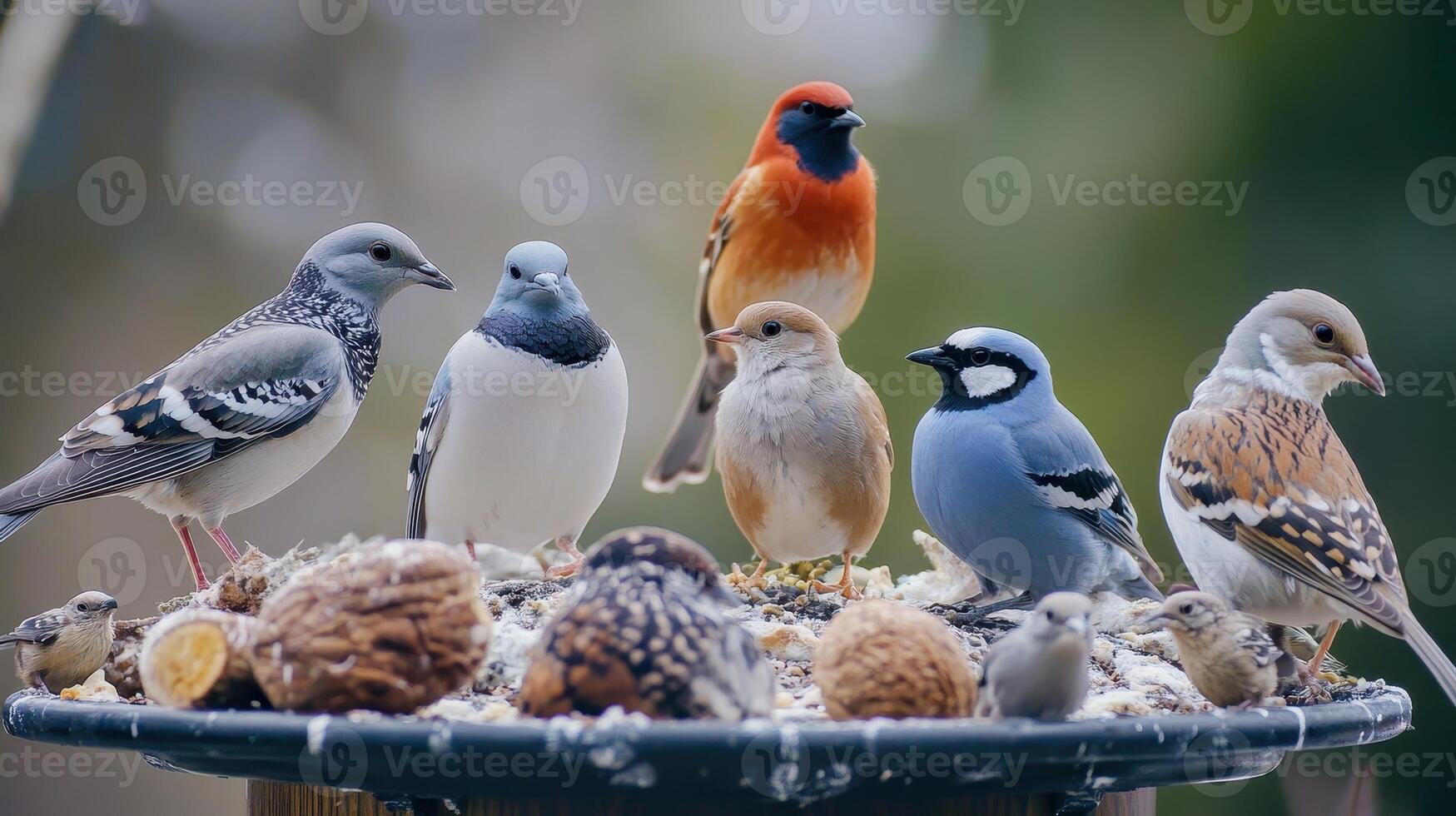 Colorful Birds Gathering at a Feeding Station During a Sunny Day in Early Spring photo