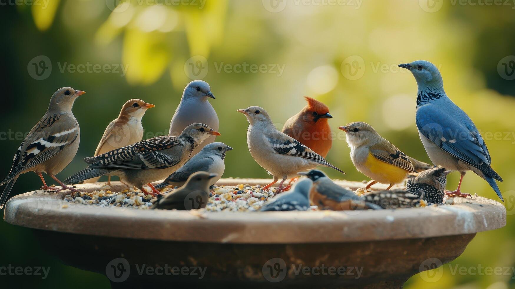 Numerous Colorful Birds Gather Around a Feeders at a Sunny Garden in Early Morning Hours photo