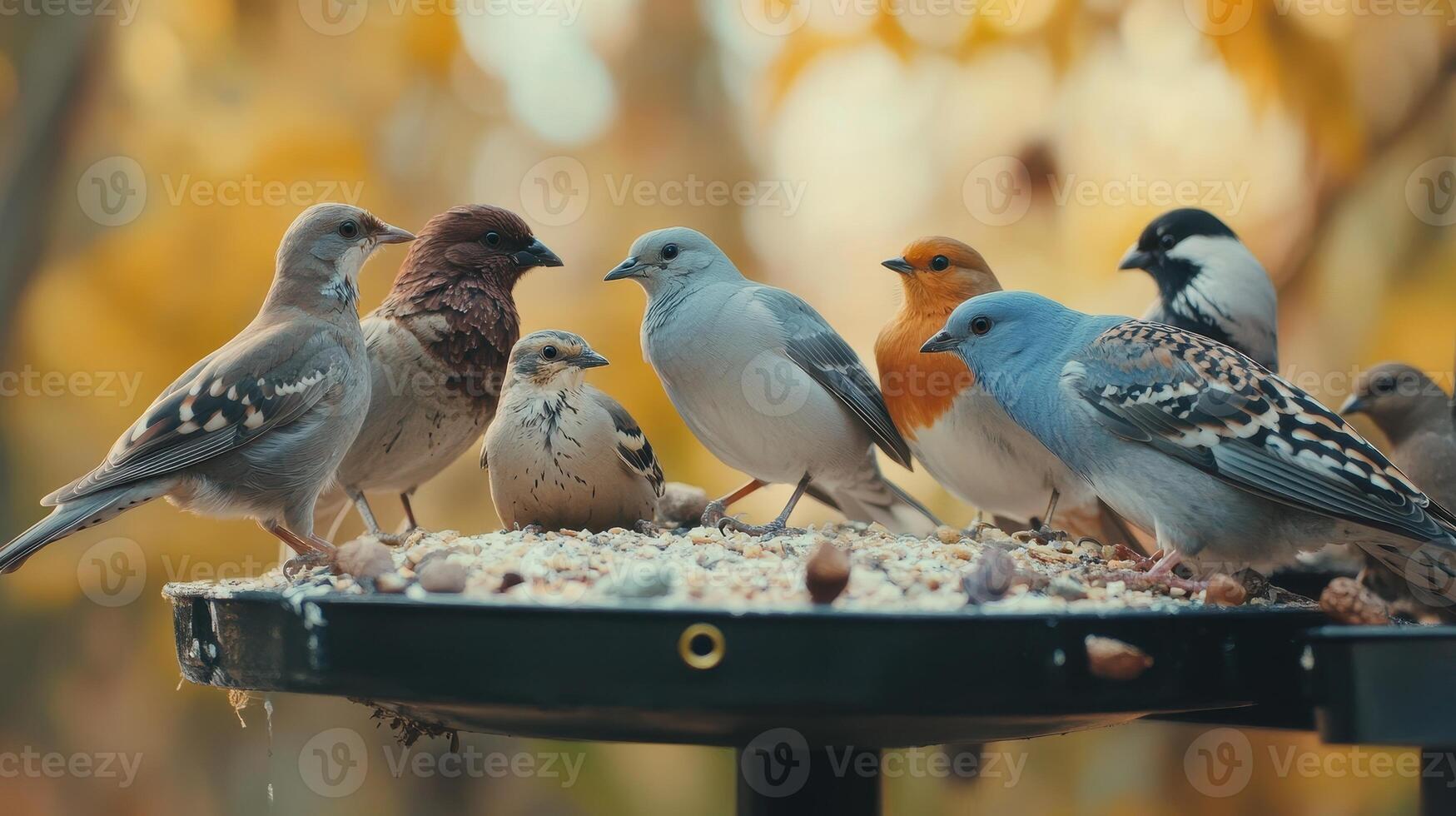 A Group of Colorful Birds Feeding Together on a Bird Feeder During Autumn in a Garden photo