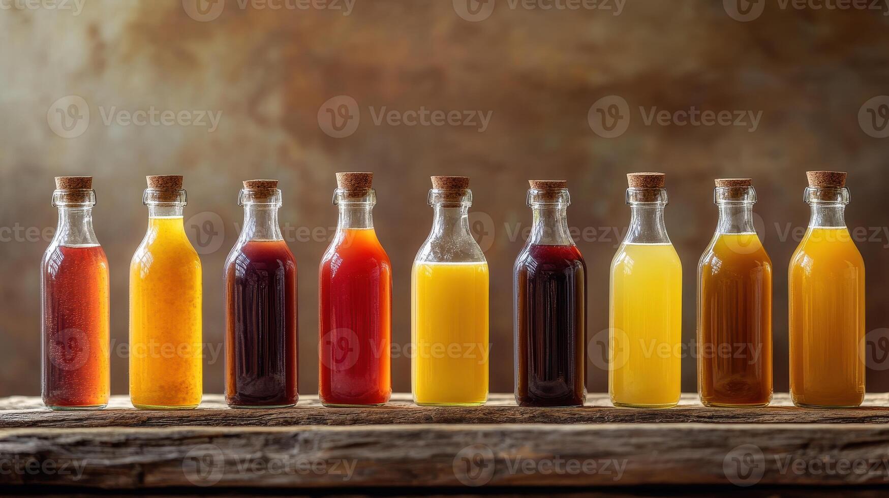 Colorful Assortment Of Fruit Juices Displayed In Glass Bottles On Wooden Background photo
