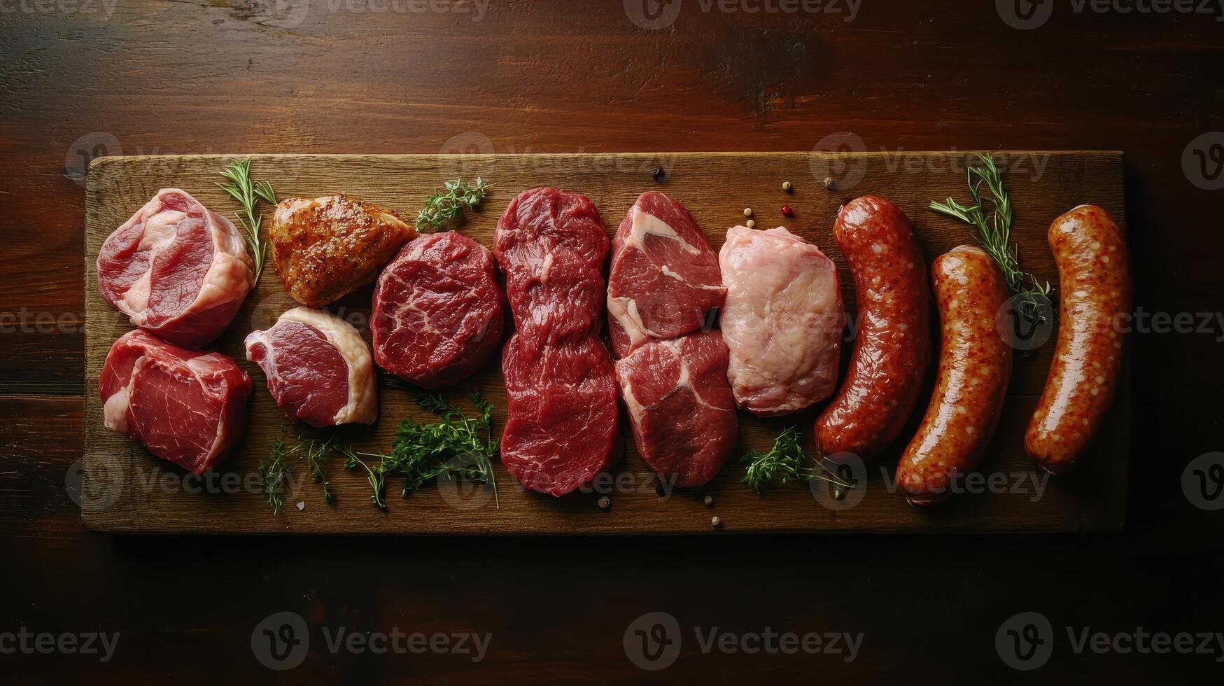 Assorted Cuts of Fresh Meats Displayed on a Wooden Board With Green Herbs in a Dimly Lit Kitchen photo