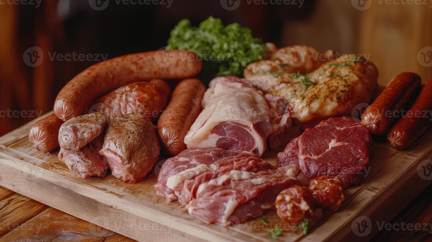 Assorted Cuts of Raw Meat Displayed on Wooden Cutting Board Surrounded by Fresh Vegetables and Herbs in Rustic Setting photo