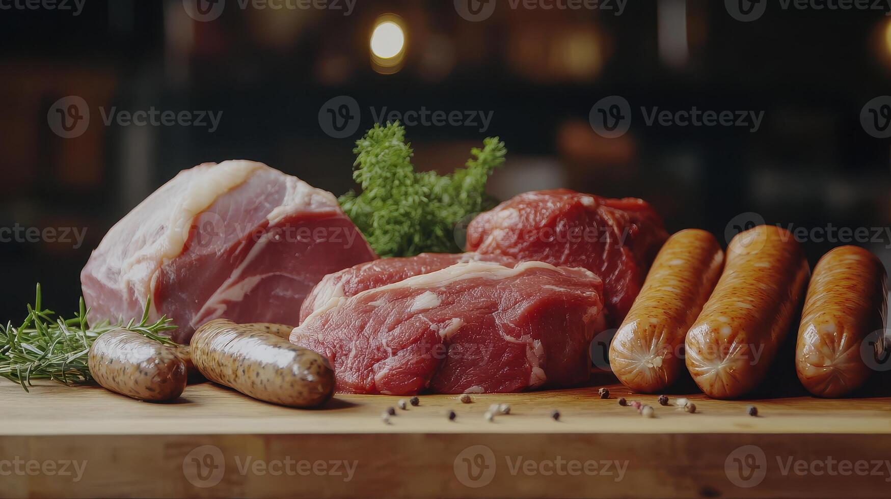 Fresh Meat Selection Displayed on Wooden Cutting Board With Herbs and Sausages for Culinary Inspiration photo