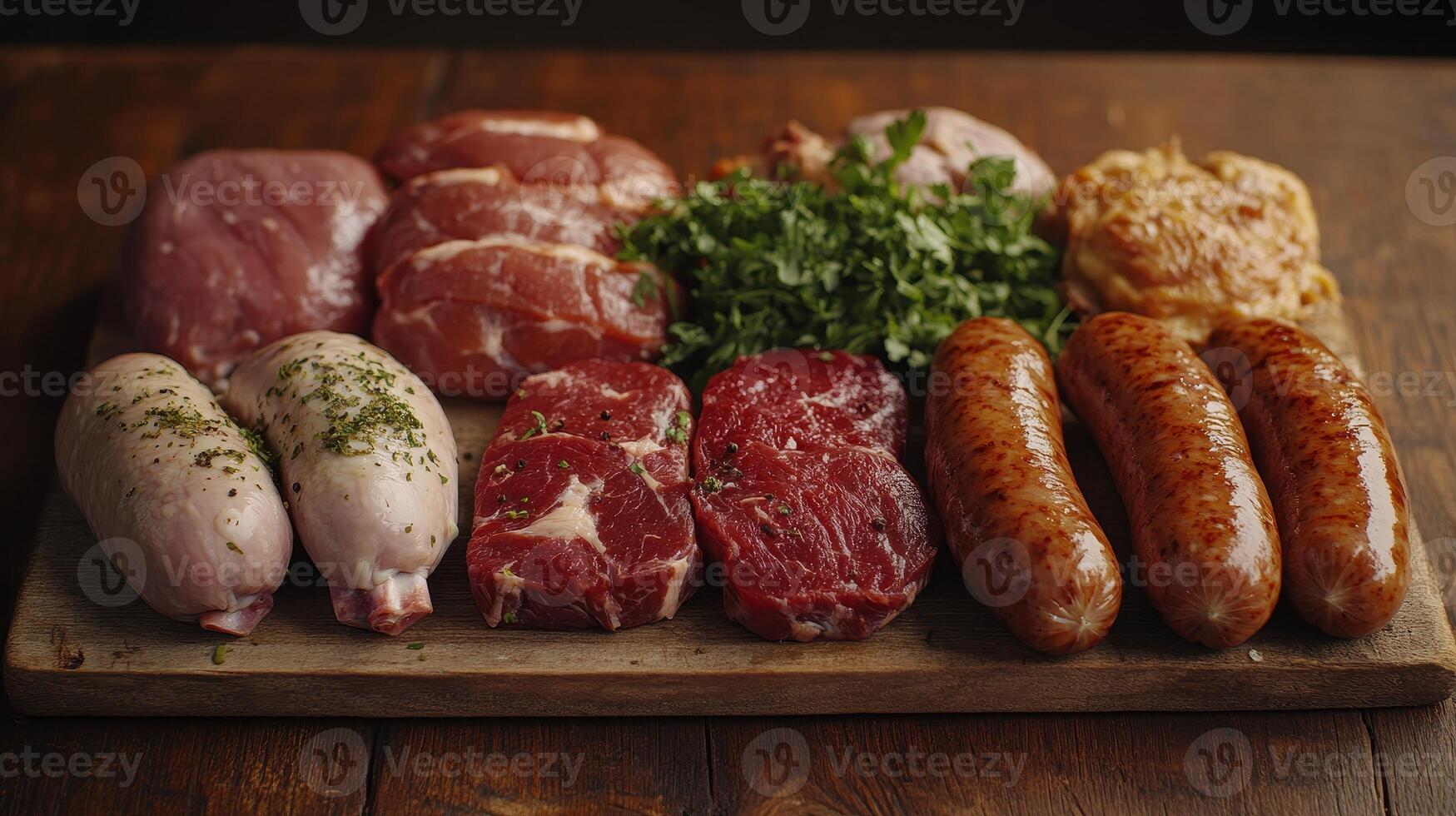 Fresh Cuts of Meat and Sausages Displayed on Wooden Platter in Rustic Kitchen Setting photo