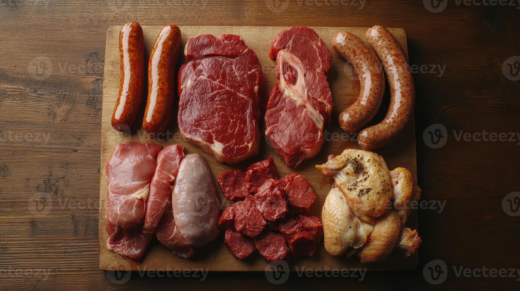 Assorted Cuts of Raw Meats Displayed on Wooden Cutting Board in Kitchen photo