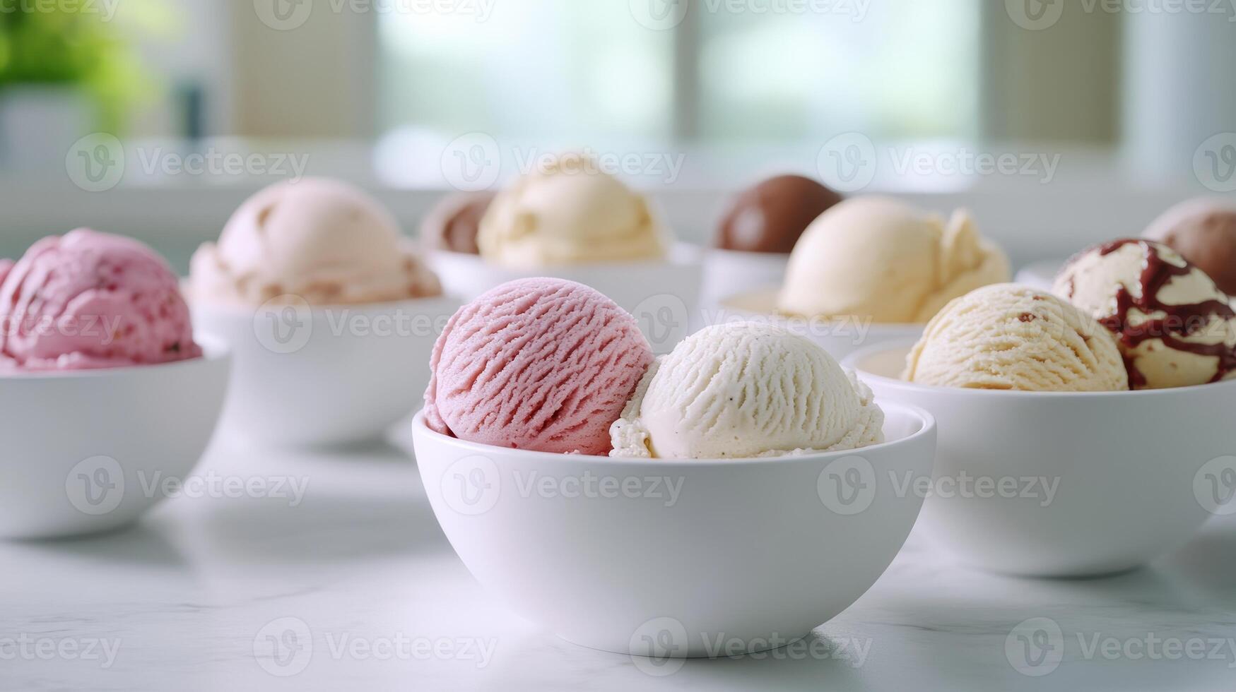 Delicious Assortment of Colorful Ice Cream Scoops in White Bowls on a Bright Kitchen Counter photo
